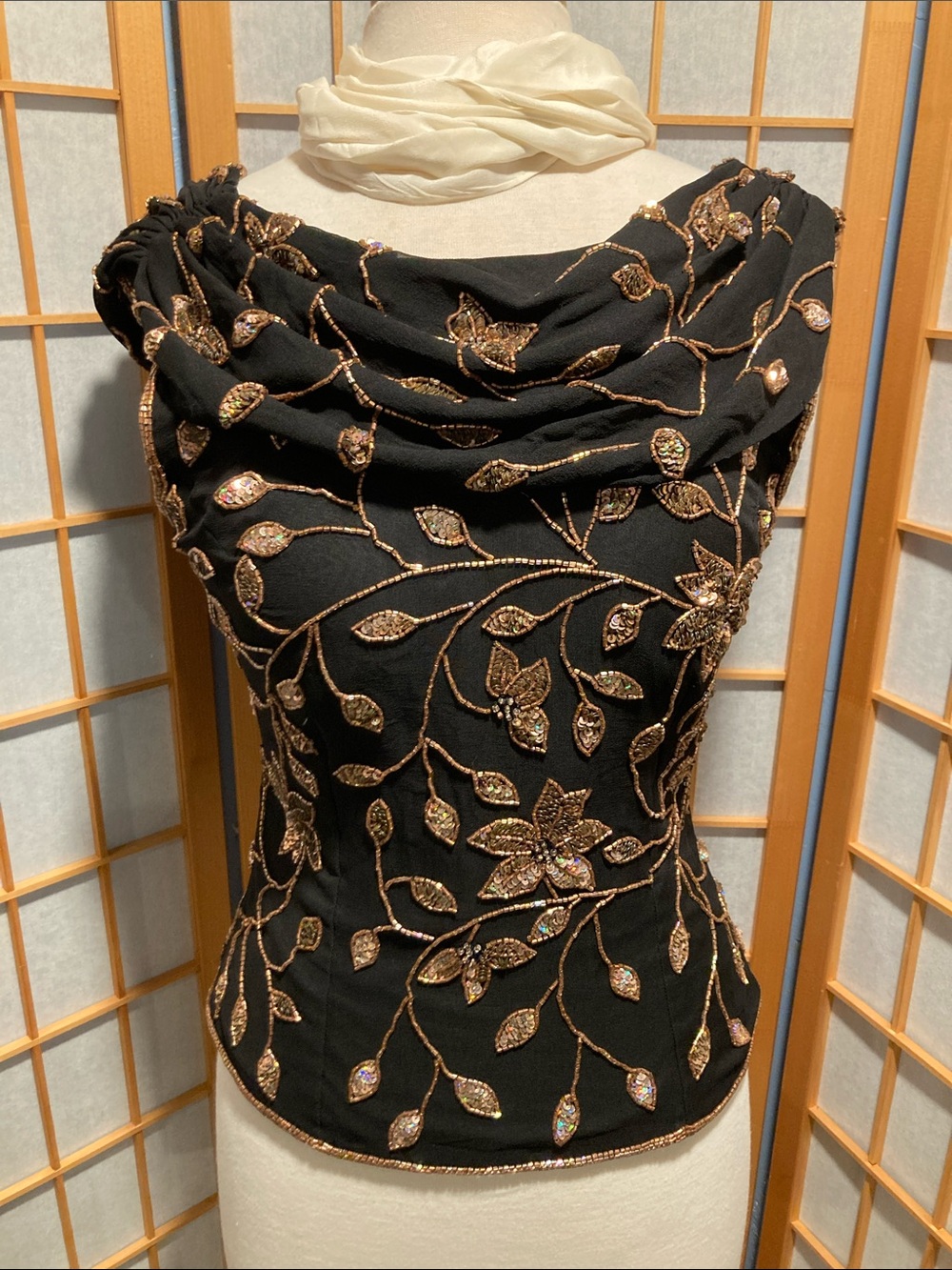 Andretta Donatello Black Silk Embroidered Top Size M